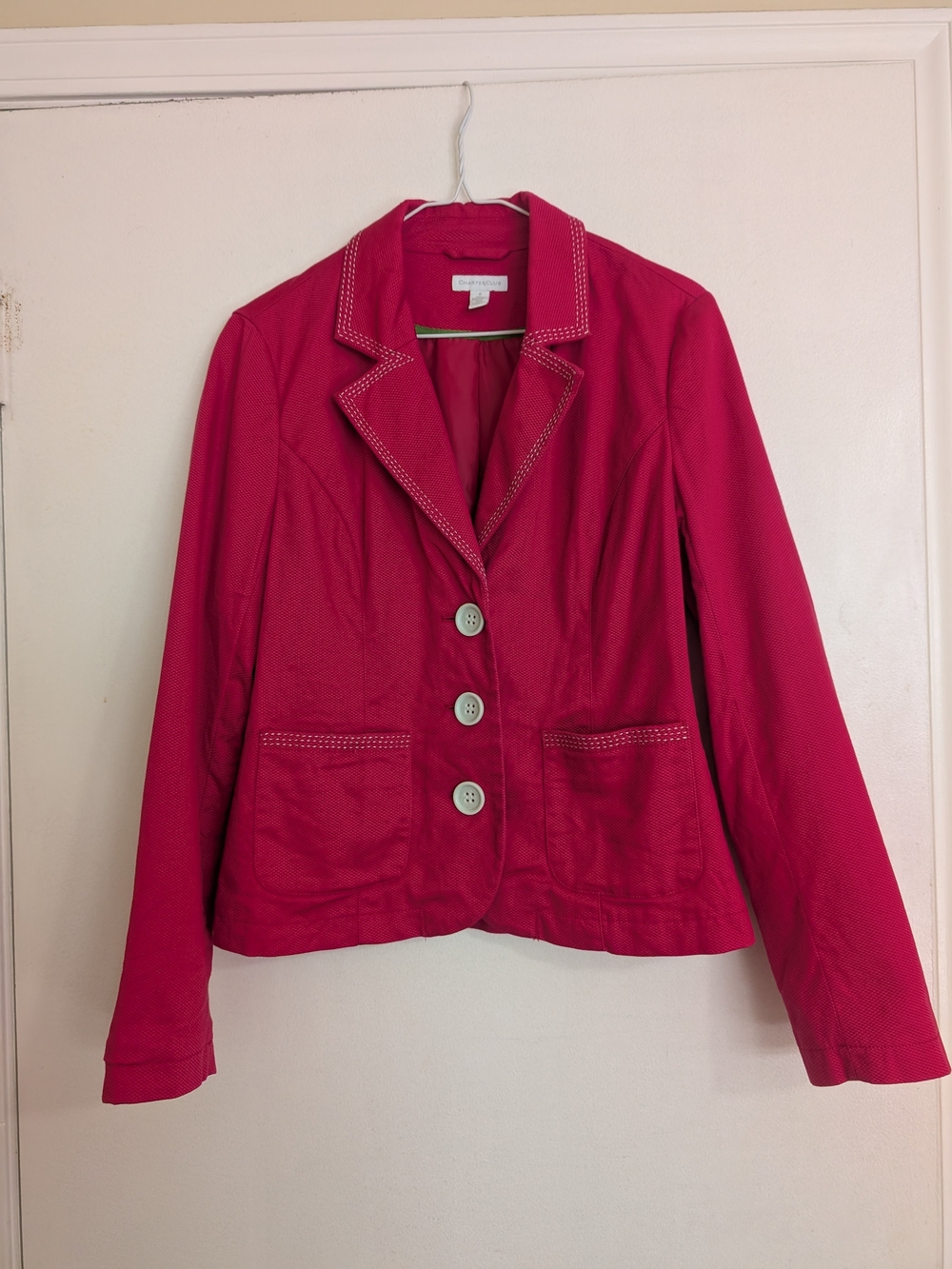 Charter Club Bright Pink Pique Topstitch Button Blazer Jacket Size 8